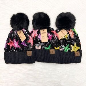C.C Star Sequin Sparkly Pom Beanie Adults, Winter Hat, Premium Hat, Holiday Gift